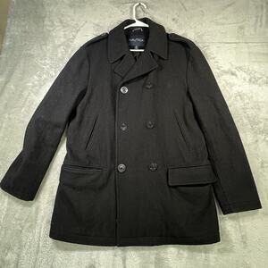 Nautica Coat Men M Black Wool Dress Double Breasted Peacoat Sailor Nautical